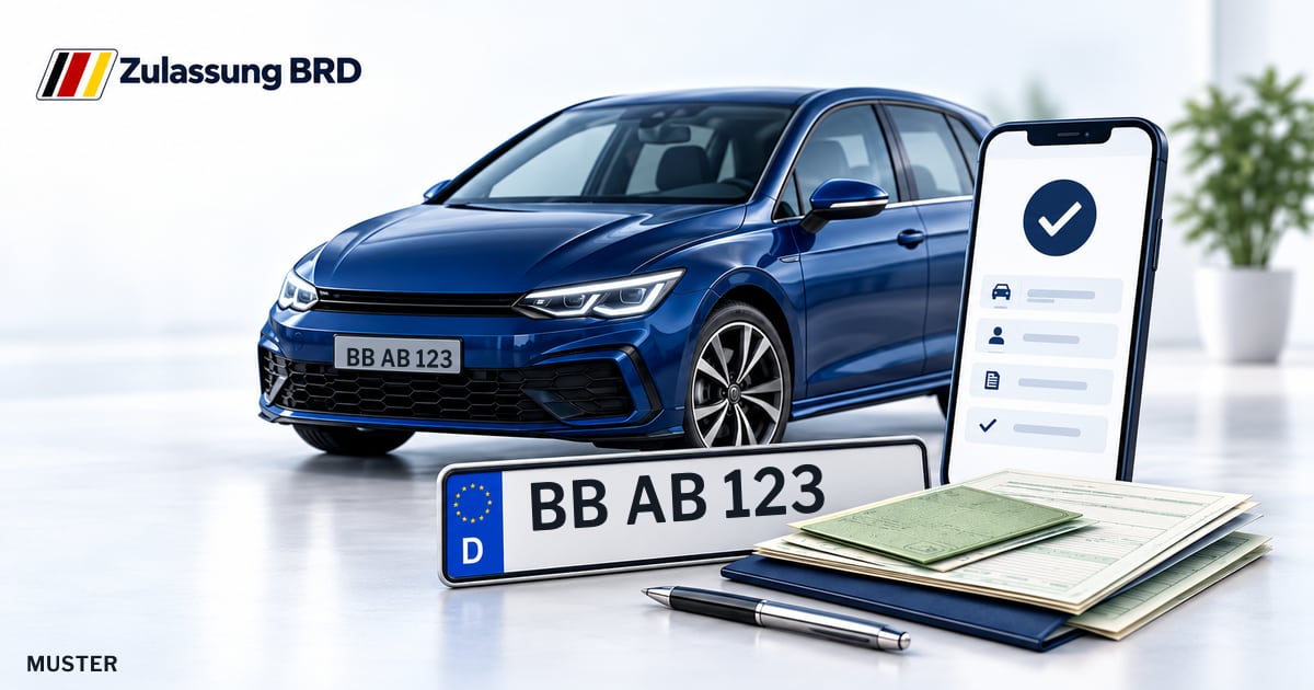 Online Fahrzeugzulassung in Landkreis Böblingen: Musterkennzeichen BB AB 123, Auto und Fahrzeugpapiere und Smartphone. Illustration mit Logo von Zulassung BRD.